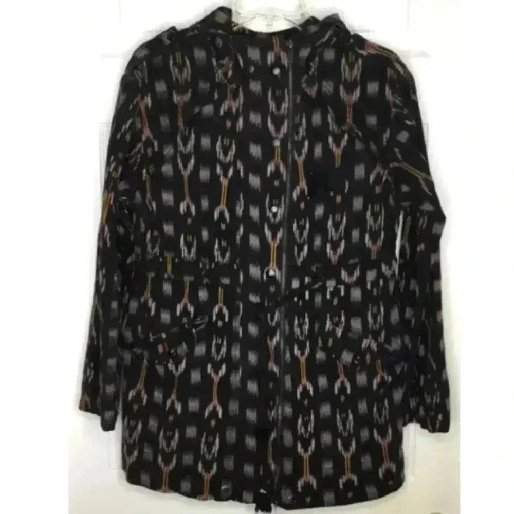 Women FREE PEOPLE Black Ikat Print Utility Parka Hooded Jacket Sz Small Coat Zip